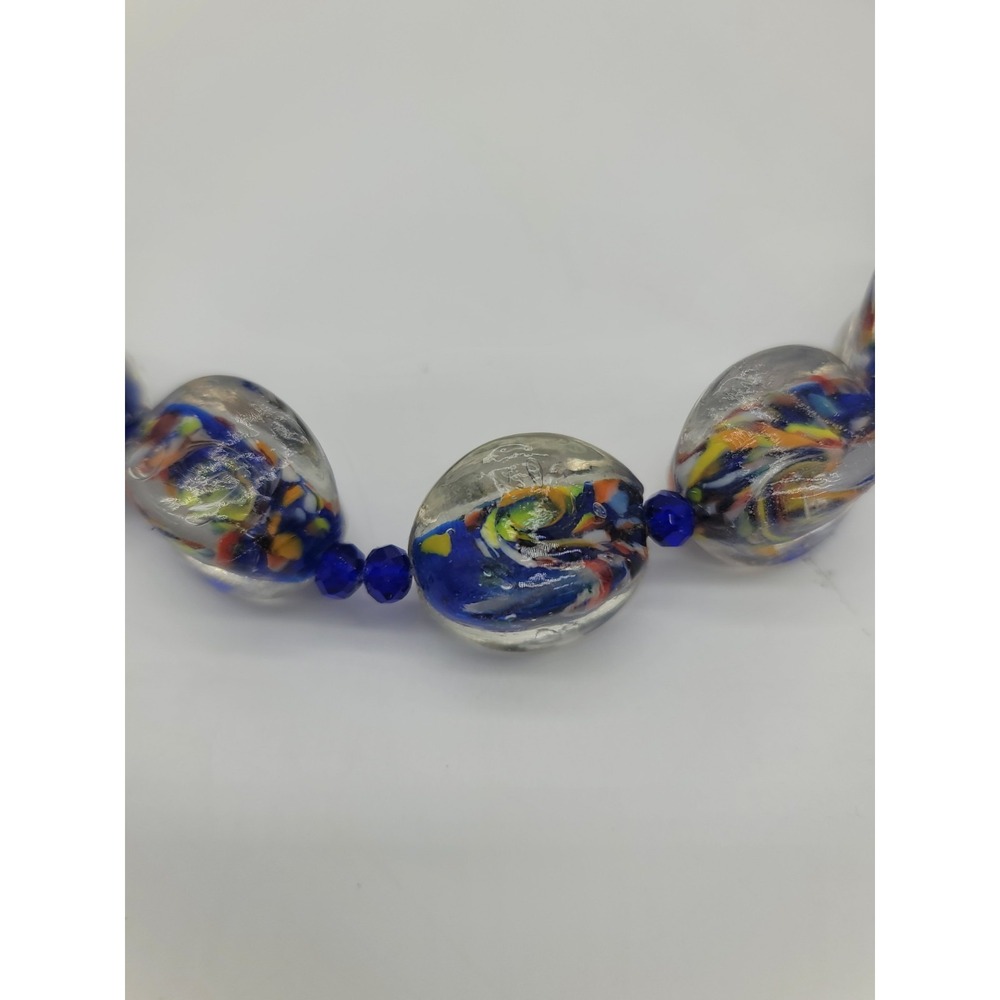 Art Glass Beaded Necklace Blue Swirl Confetti Murano Style 20" - Picture 7 of 7